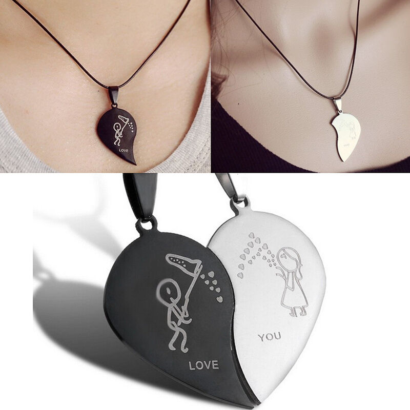 Couple Broken Heart Pendant Black Cord Engrave Love You Choker Necklace  .l8