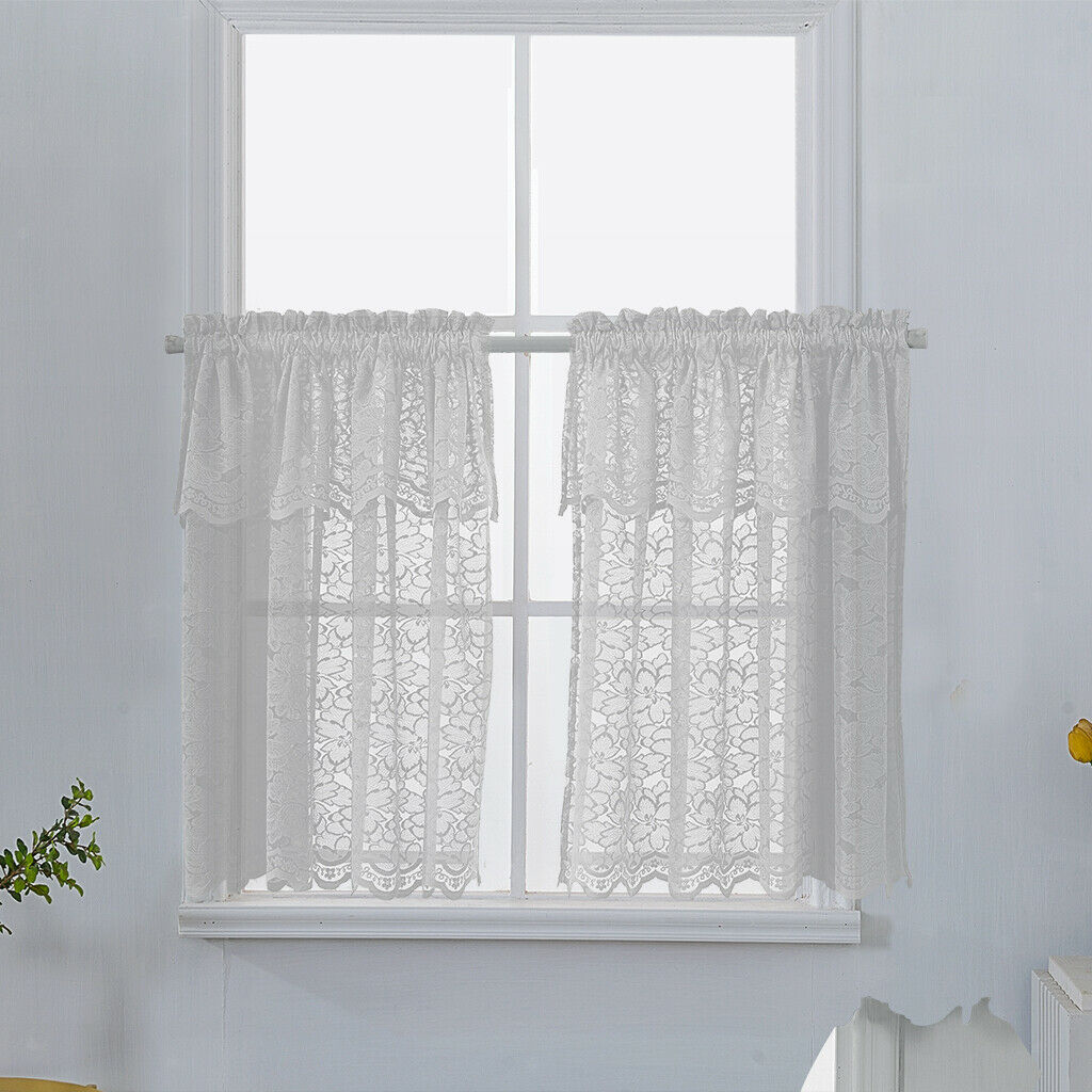 2X 1 Panel Embroidered Lace Window Voile Sheer Curtain Tiers 74x90cm B White