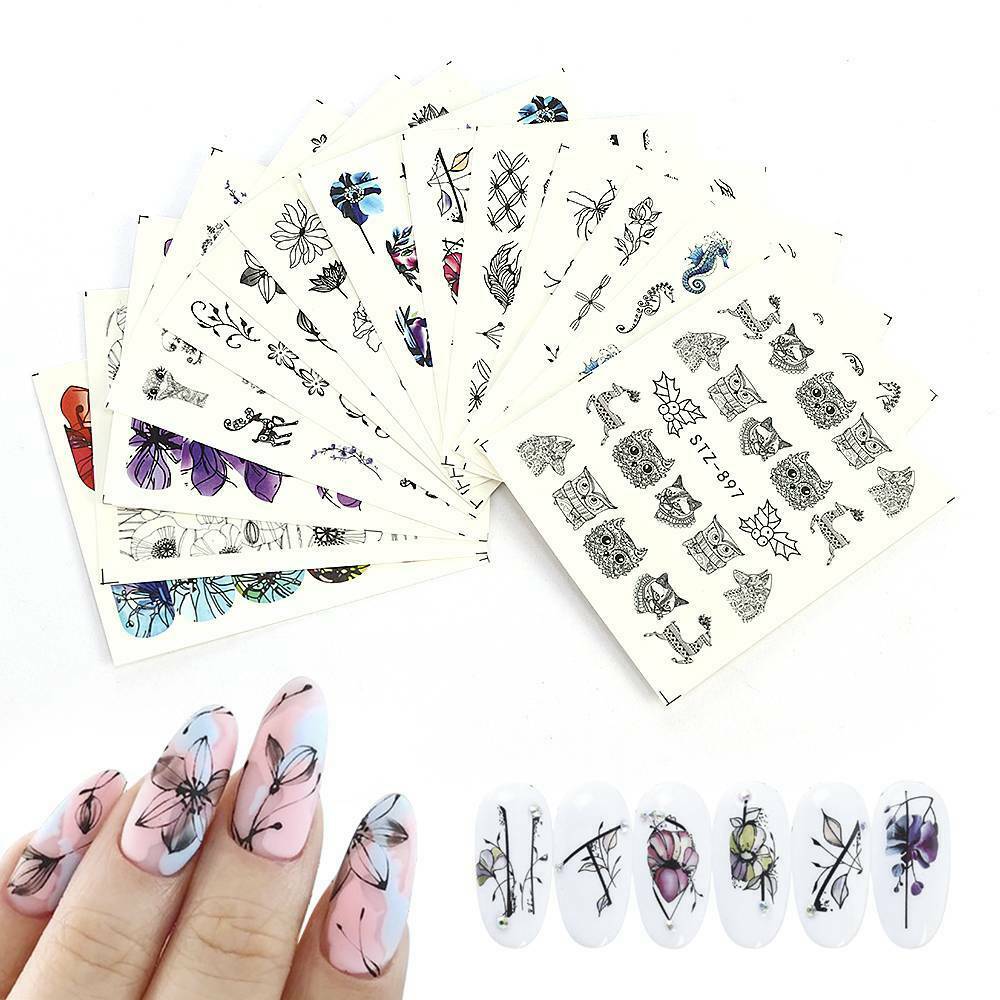 14Pcs Flower Nail Stickers Water Transfer Decals Manicure Nail Art Decor new us~
