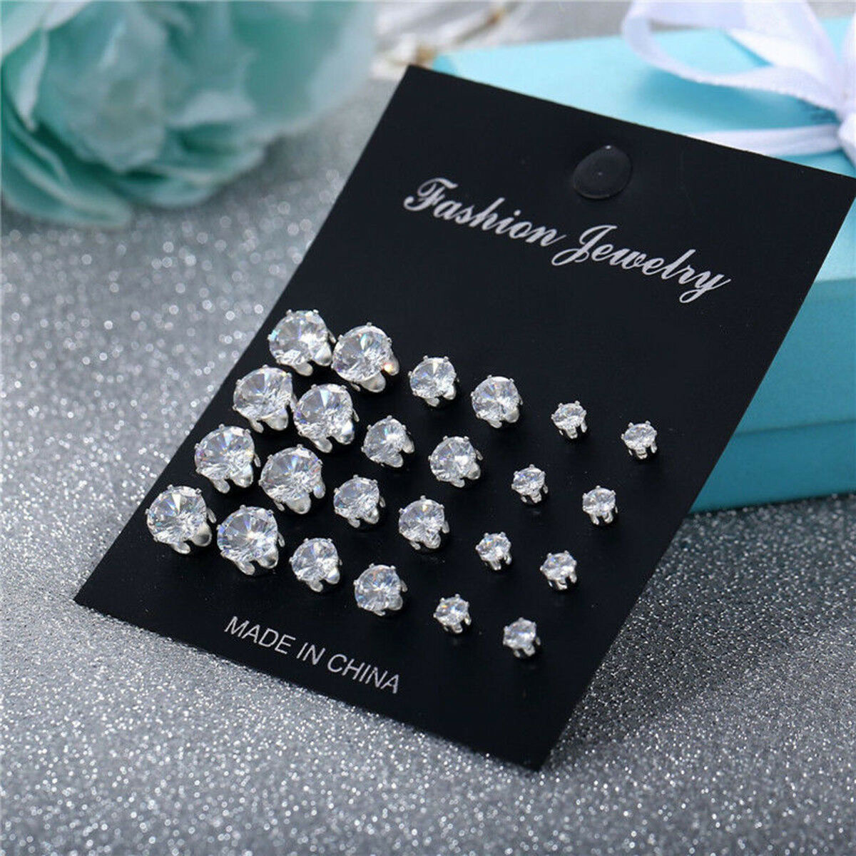 12Pairs/Set Crystal Zircon Stainless Steel Earrings Sets Women Ear Stud Jewelry