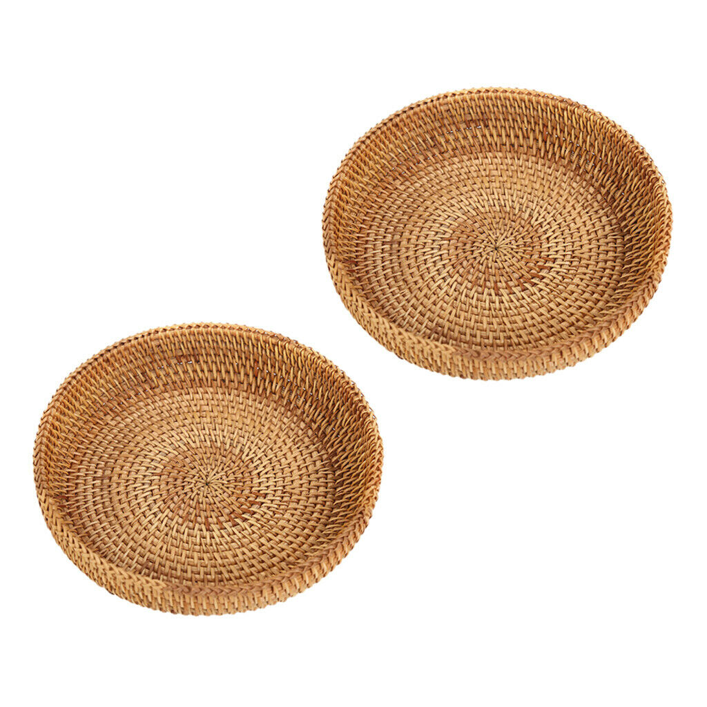 2 Pieces Woven Basket Storage Tray Tea Serving Fruits Bowl Organizer 18cm