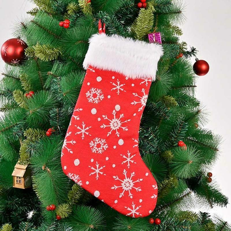 Embroidery Snowflake Christmas Stockings Candy Bag Xmas Plush Wide-Brimmed Red