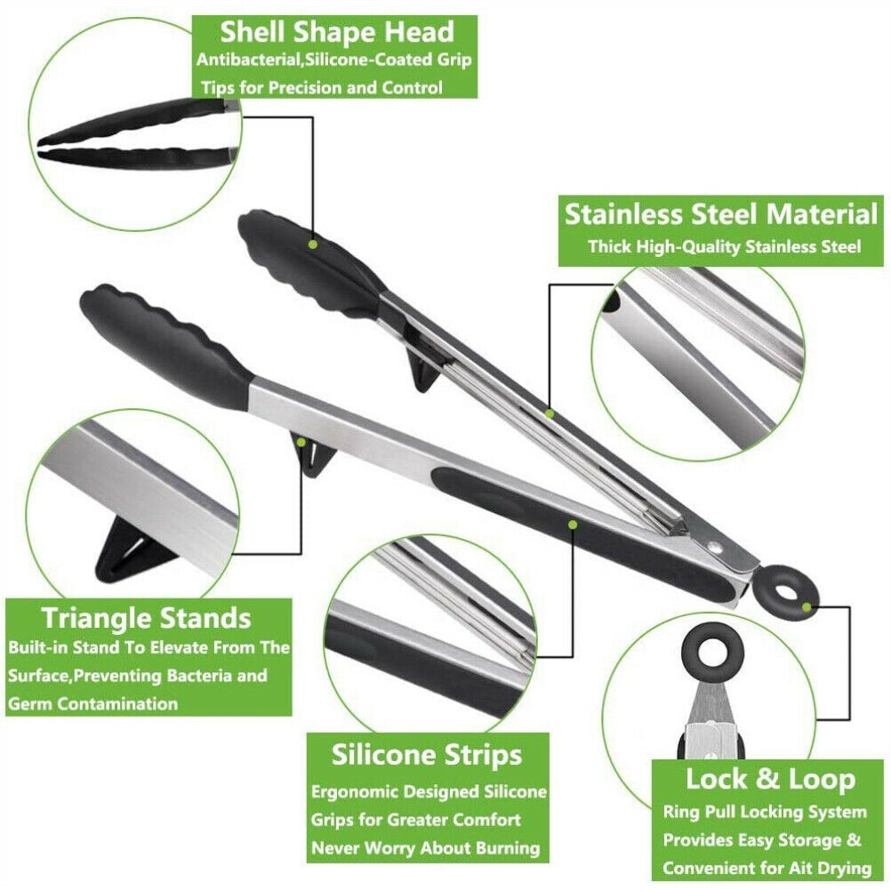2Pcs Stainless Steel Kitchen Cooking Tongs Bread Tongs Silicone BBQ Clips Tongs