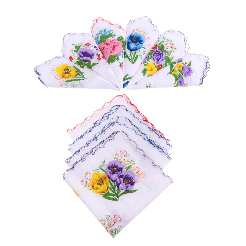 10pcs Womens White Handkerchiefs Square Hankies Pocket Hanky Coloured Floral