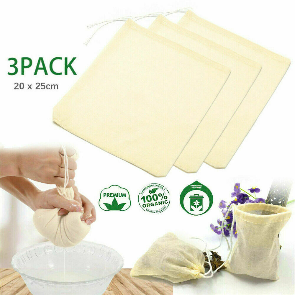 3* Cotton Nut Milk Bags Reusable Food Strainer Brew Coffee Juice Cheese Cloth ~