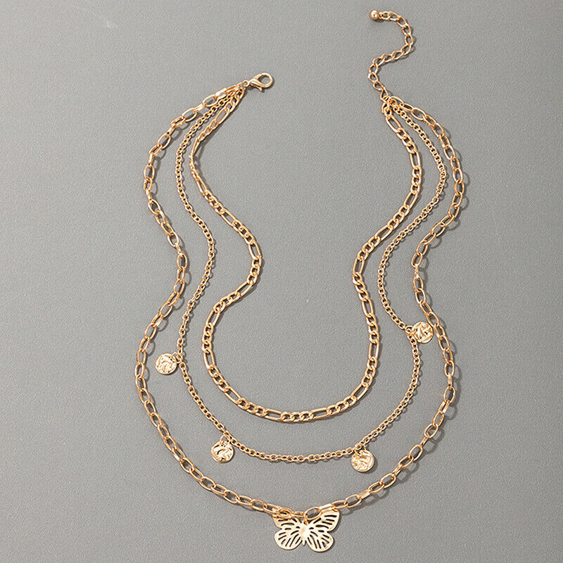 Multilayer Butterfly Charms Chunky Chain Necklace For Women Pendants Jewe.l8