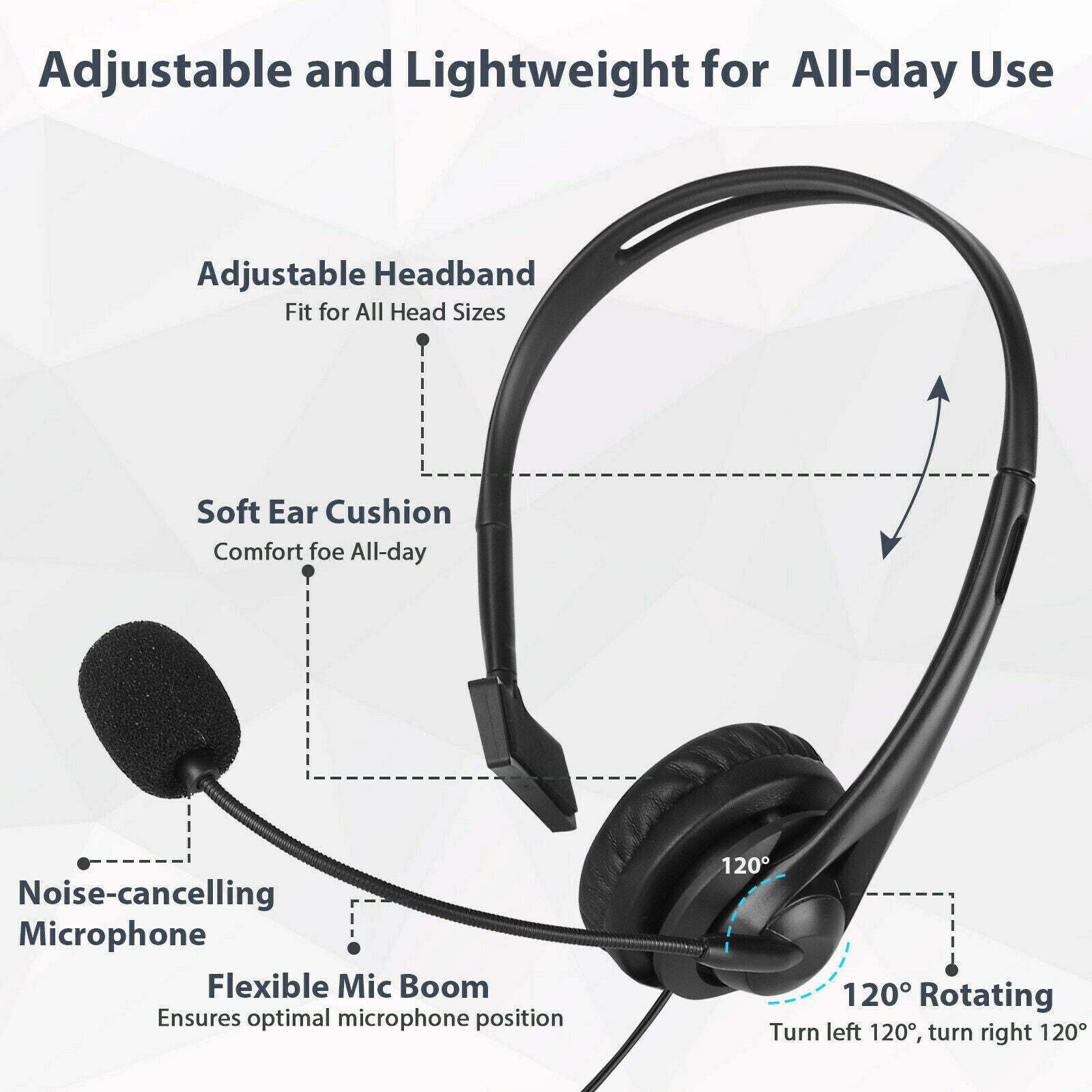 USB Headset with Noise Cancelling Microphone and Adjustable Volume Control for