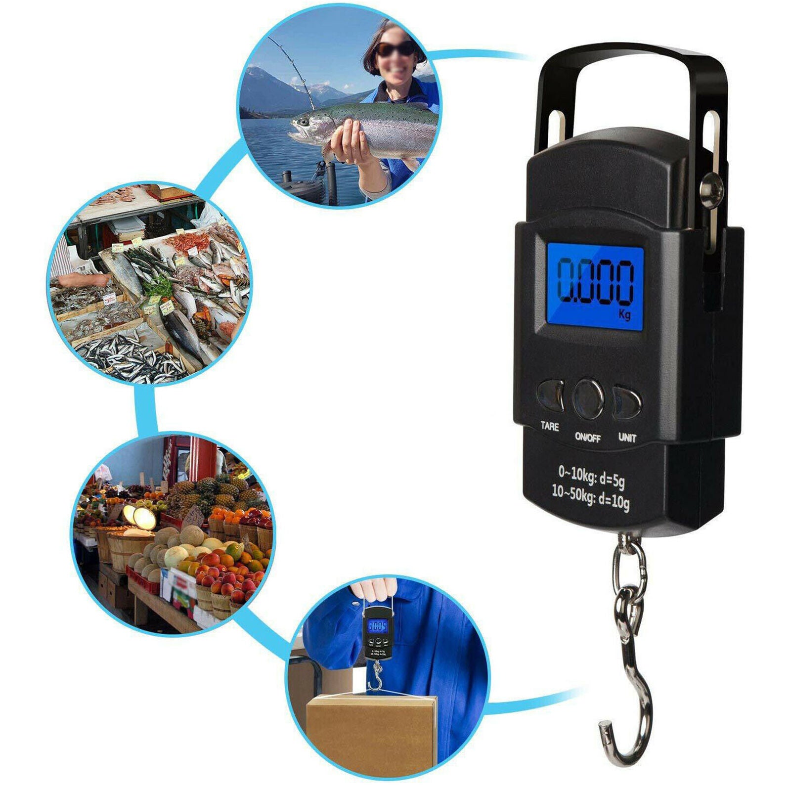 Portable Digital Fishing Scales 110lb/50kg Travel Luggage Scale w/ 1M Tape Ruler