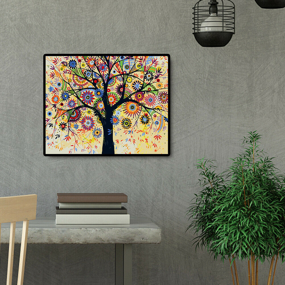 Hand Painted DIY Painting By Numbers Colorful Tree Wall Art Craft Picture @