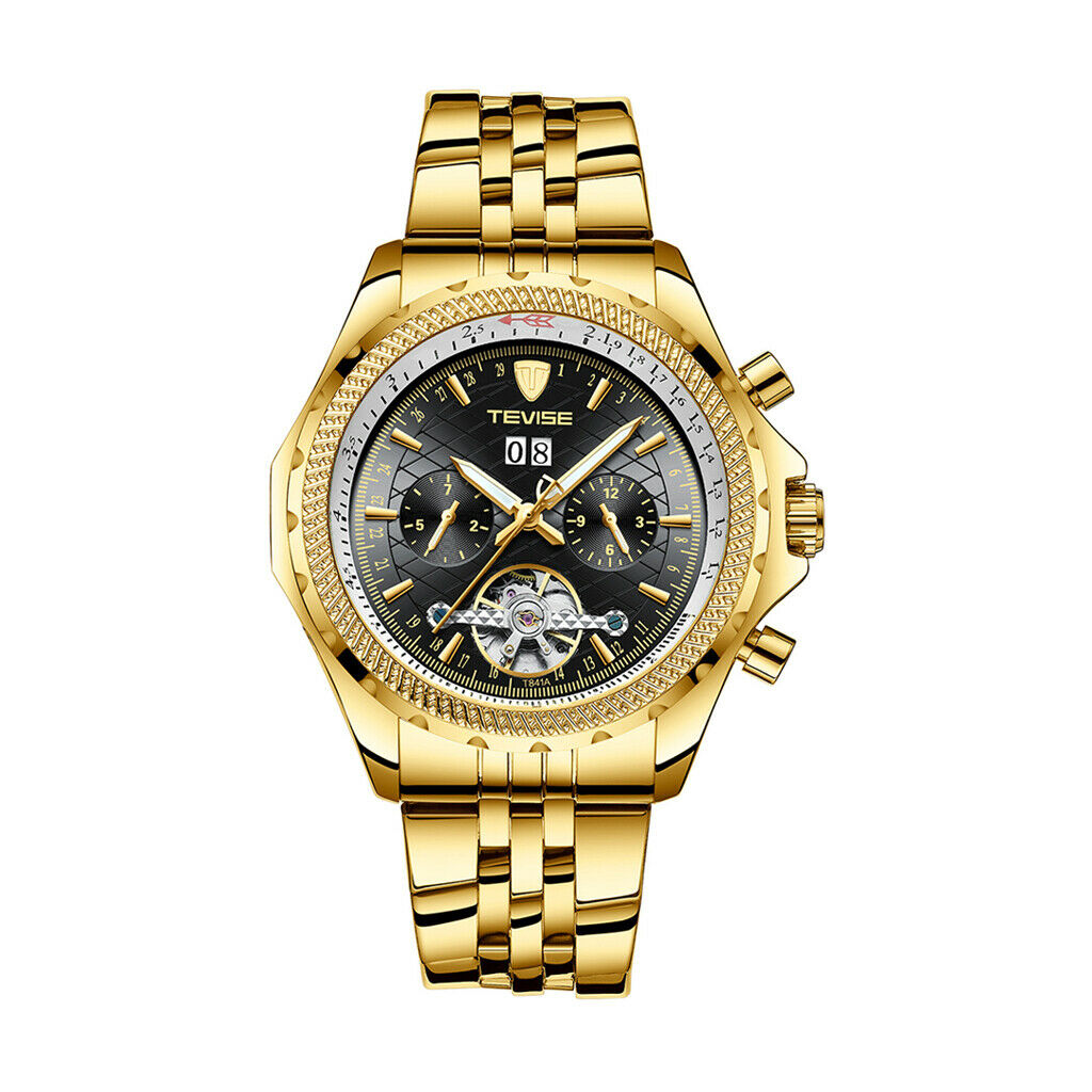 Business Watch Mechanical Automatic Wirstwatch Week Month Dial Golden - Black