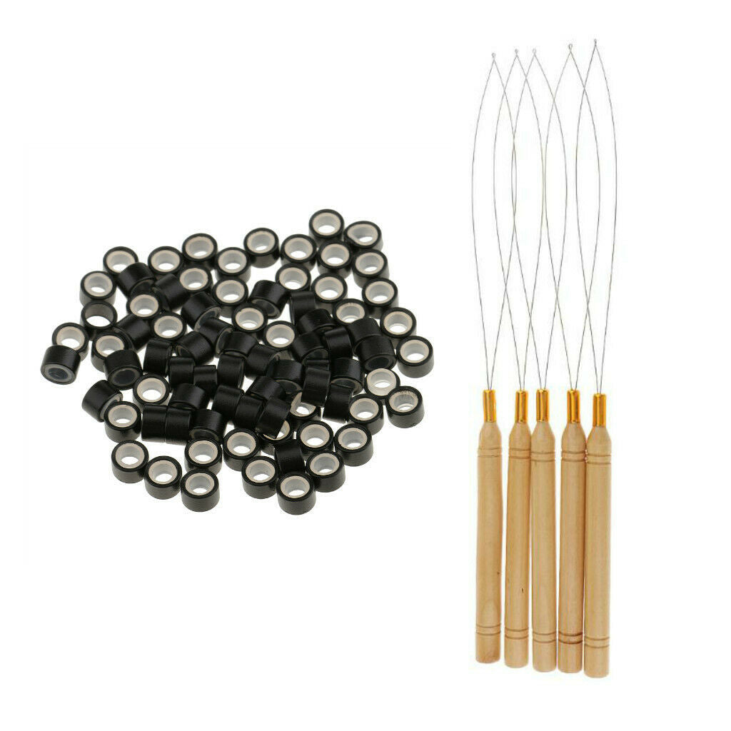1000Piece Silicone Hair Extension Ring Beads+5Piece Wooden Handle Loop Hooks