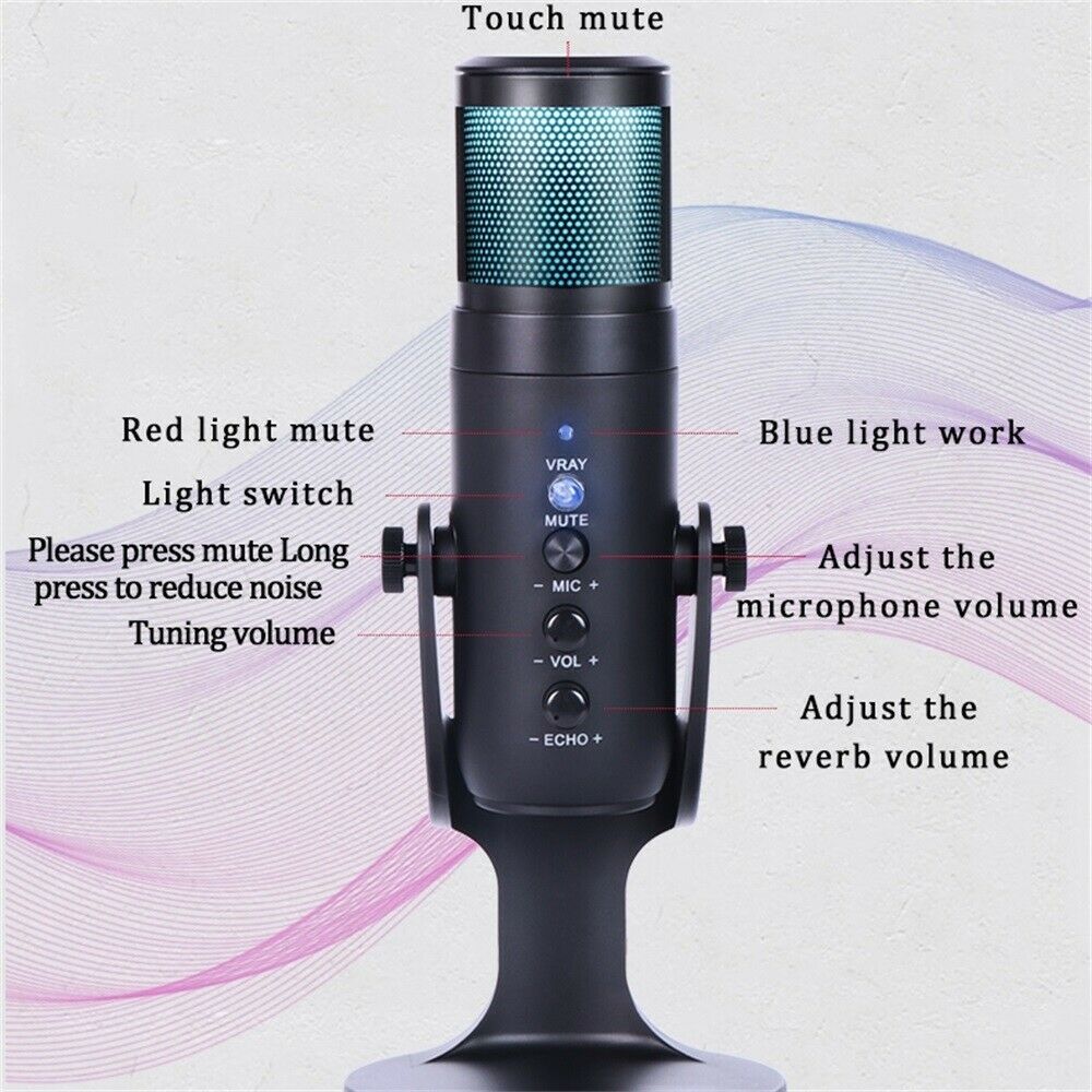 Recording Podcast Streaming Gaming USB Condenser Microphone RGB Light Changing