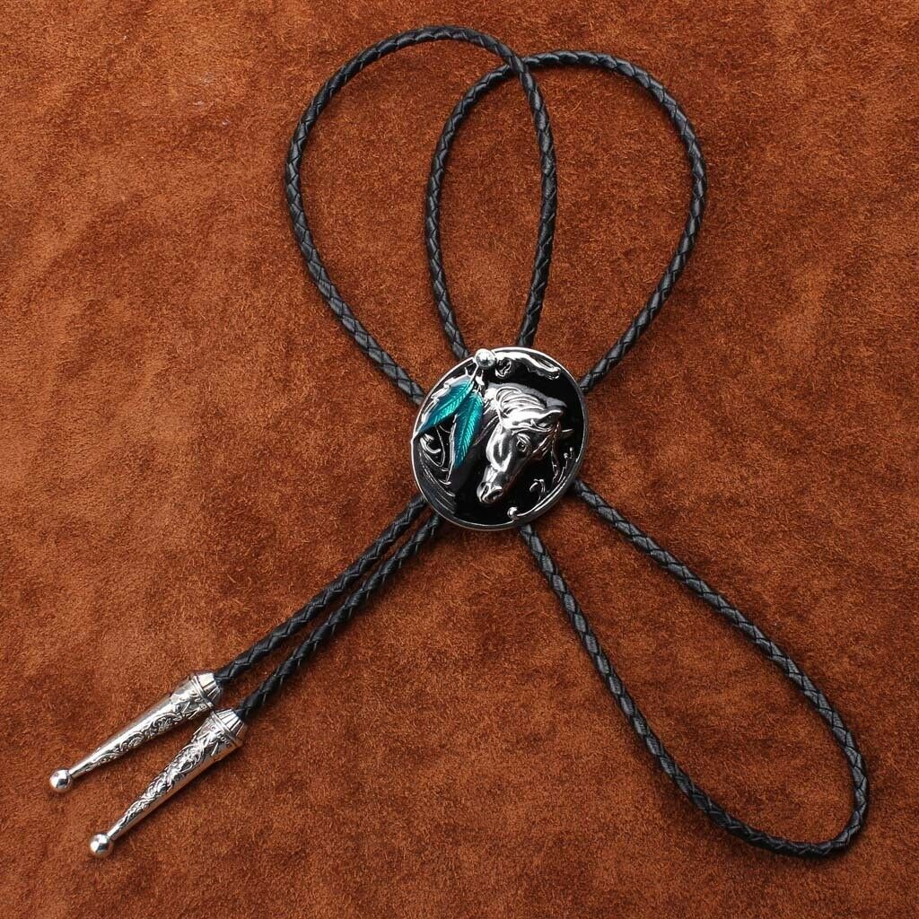 Men Women Bolo Tie Western Cowboy Rodeo PU Leather Necklace Cool Gift Black