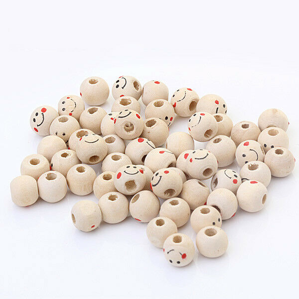 40pcs 10mm Wooden  Face Ball Spacer Beads DIY Craft Jewelry