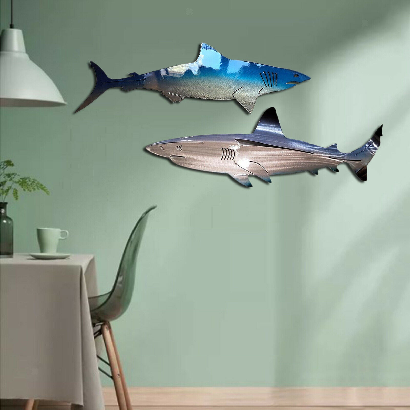 2x Metal Shark Wall Decor Outdoor Hanging Wall Sculpture Home Porch Fence