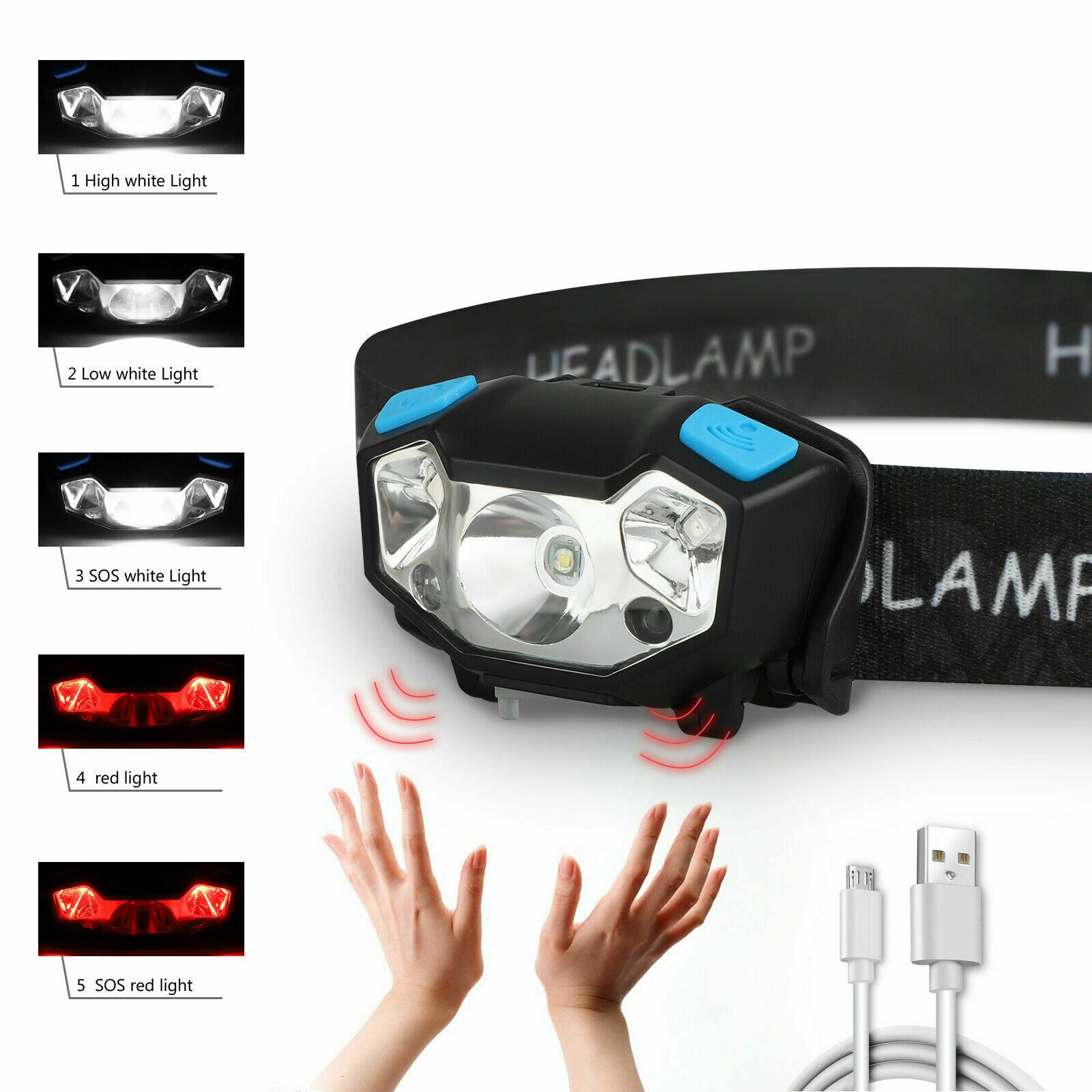 LED Waterproof Headlamp Rechargeable Body Motion Sensor Head Light Flashlight