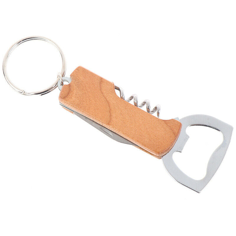 Multifunctional Beer Opener Keychain Stainless Steel Wooden Handle Wine O.l8