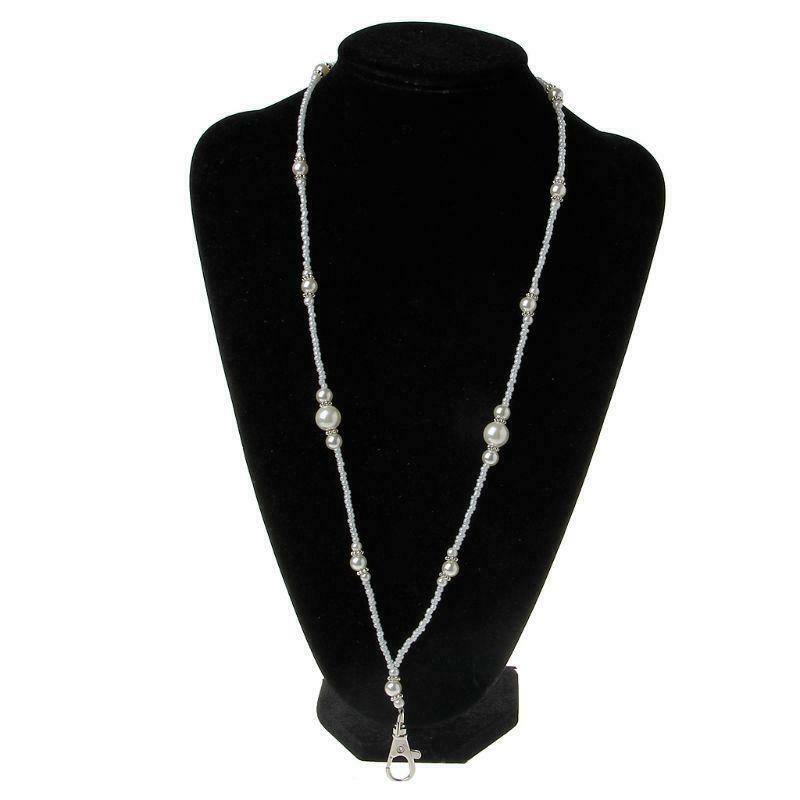 White Pearls Bead ID Badge Holder Lanyard Necklace with Magnetic Breakaway Clasp