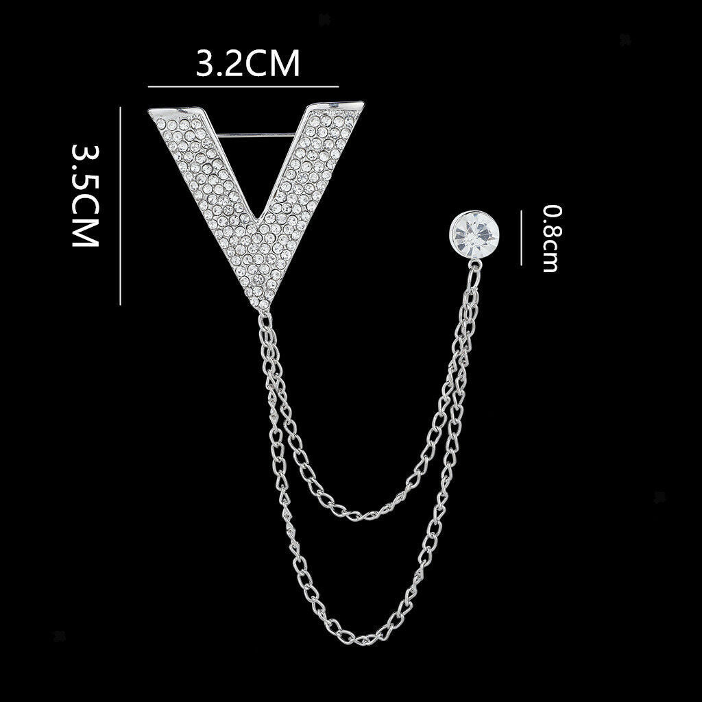 2x Crystal V Brooch Chain Collar Lapel Pin Wedding Party Tuxedo Shirt Stud