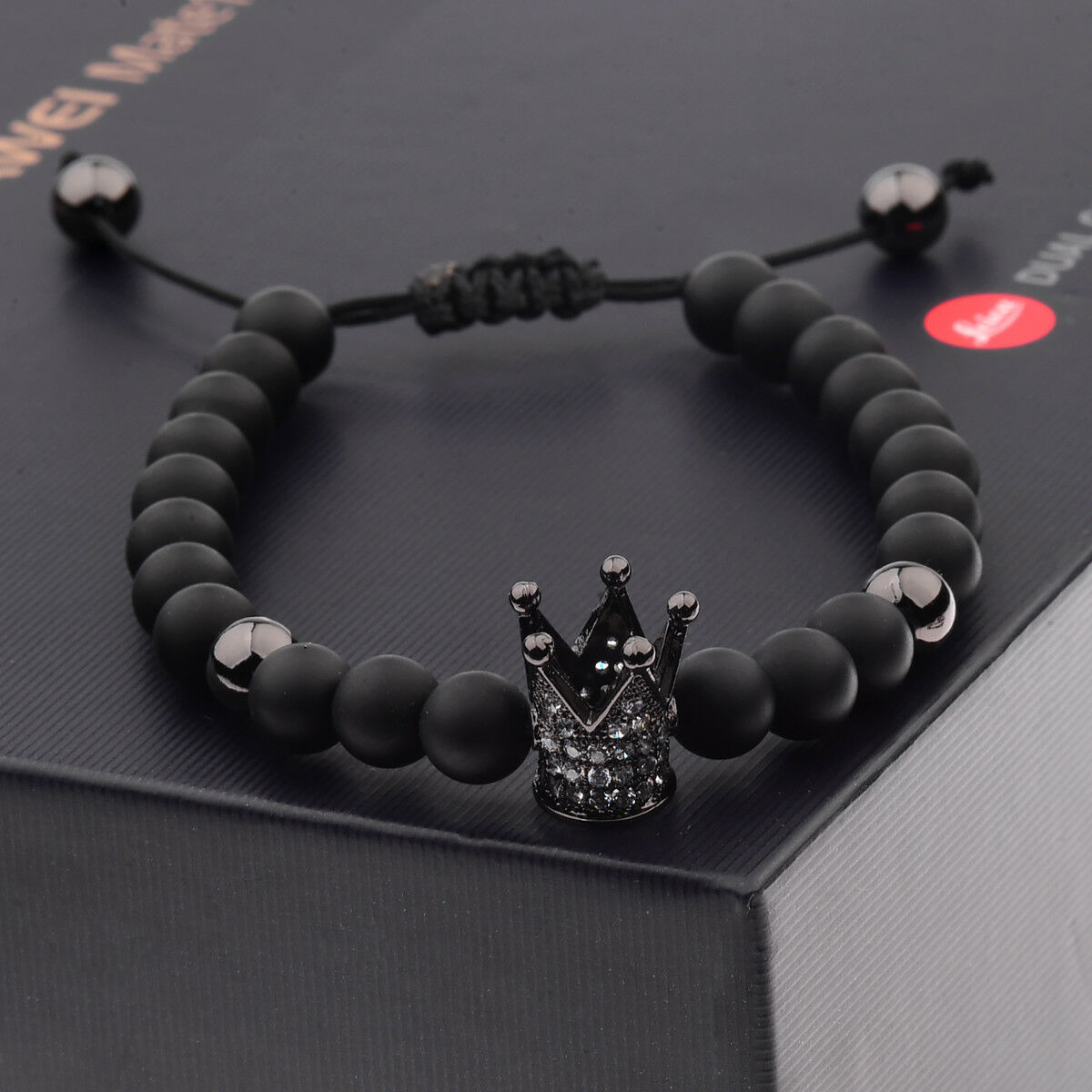Charm Men Cubic Zircon 24kt Black Plated Crown Bracelet Bead Macrame Bracelets