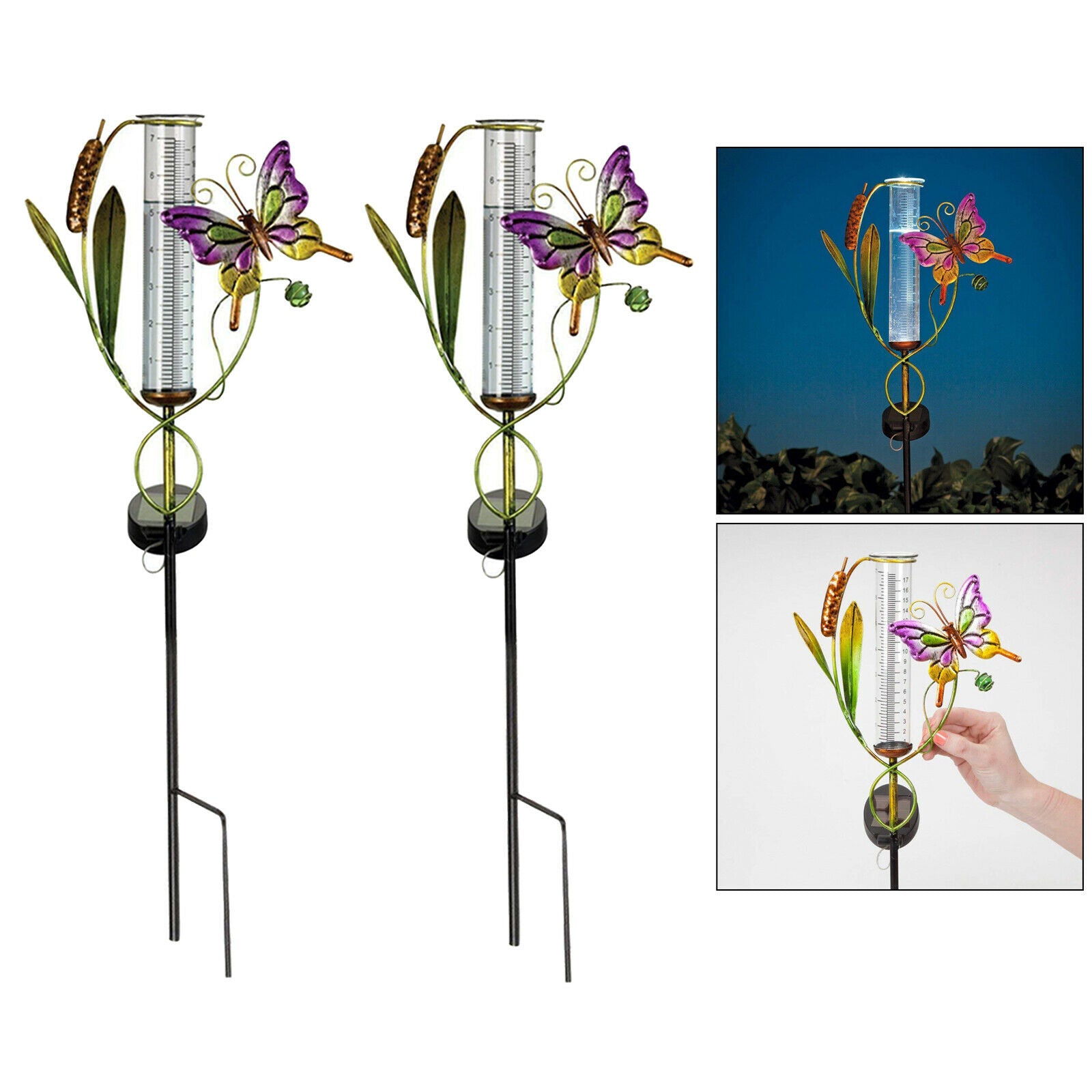 2pcs Butterfly Rain Gauge Garden Solar Stake Lamp Statue LED IP55 Patio Lamp