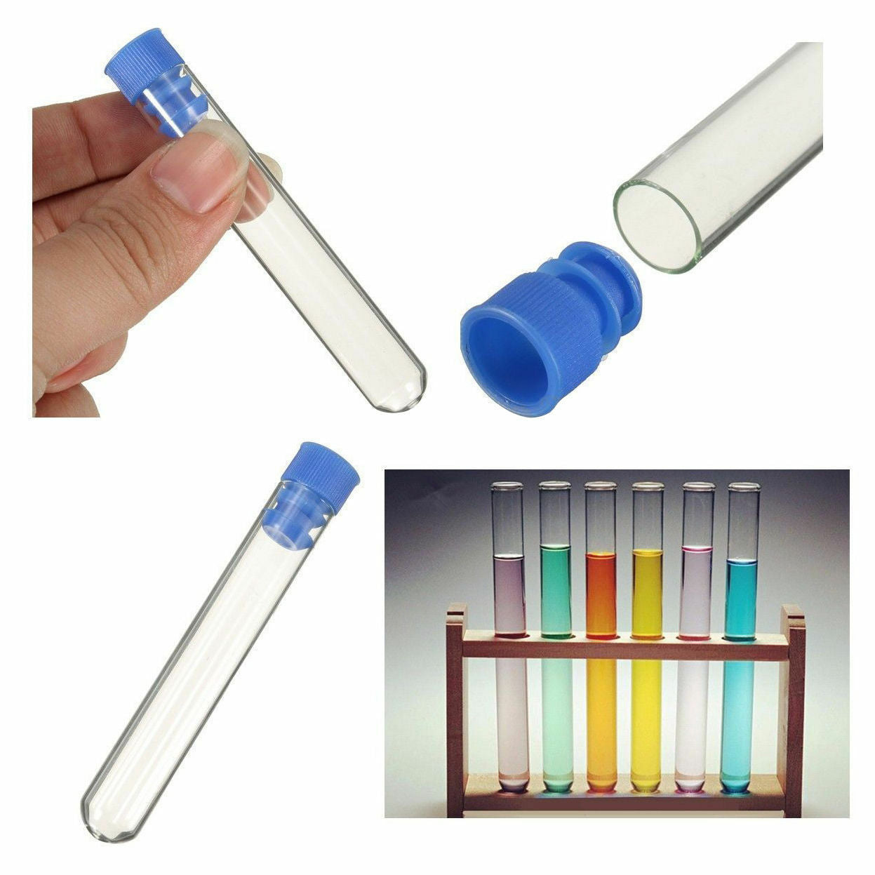 10× 12*75mm Plastic Test Tubes Rimless Pyrex & Push Caps Lab Clear