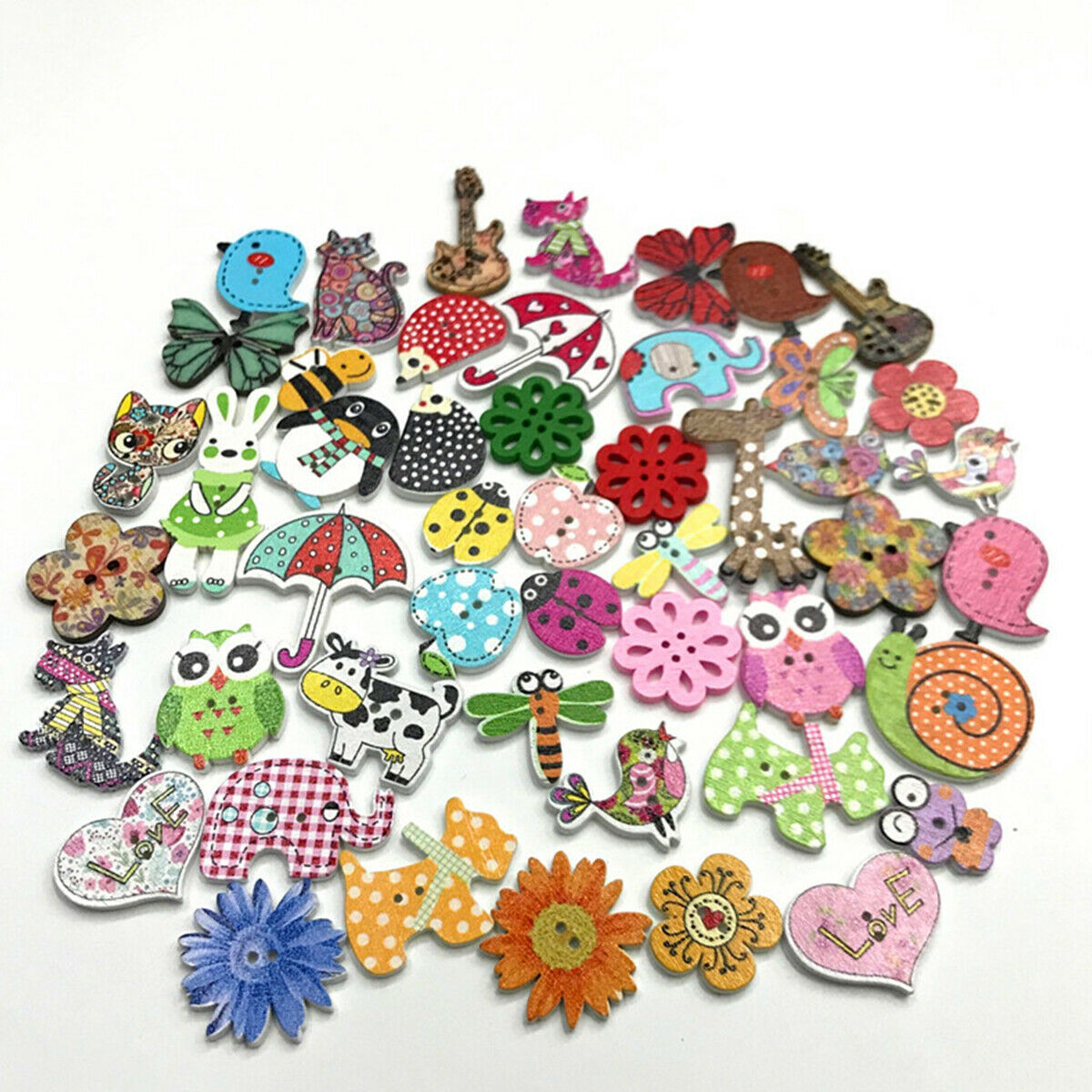 50pcs Mixed Color Wooden Cartoon Animal Buttons 2 Holes Sewing Button Craft DIY