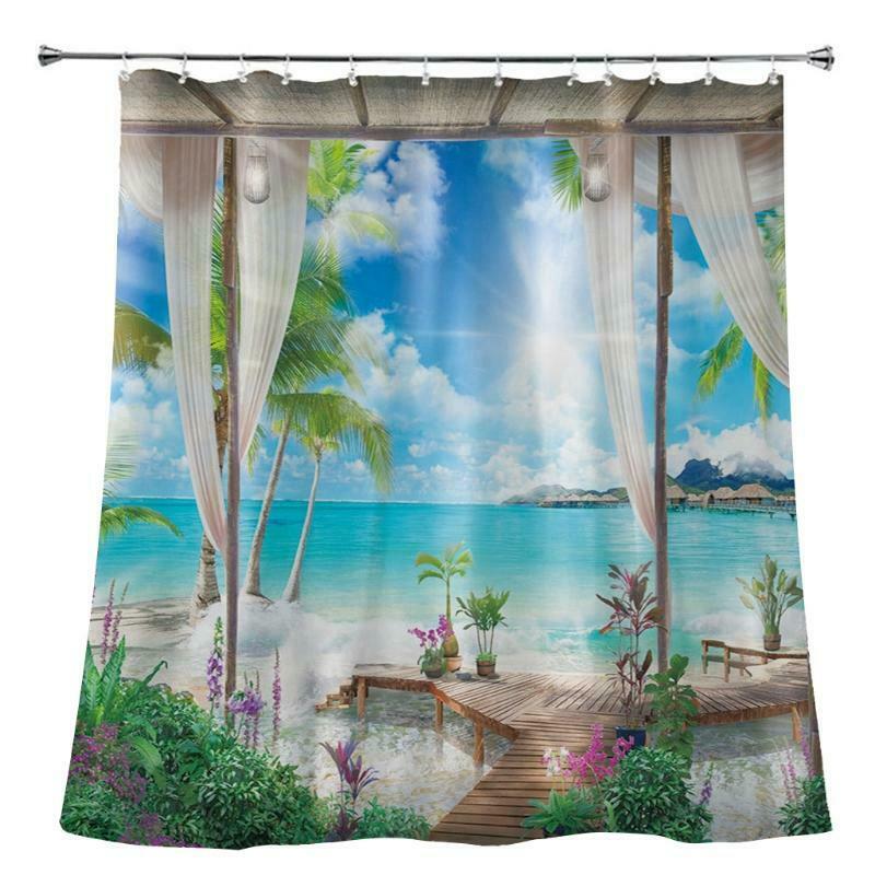 Beach Palm Waterproof Landscape Shower Curtain Ocean Scenery Bath Curtain Decor