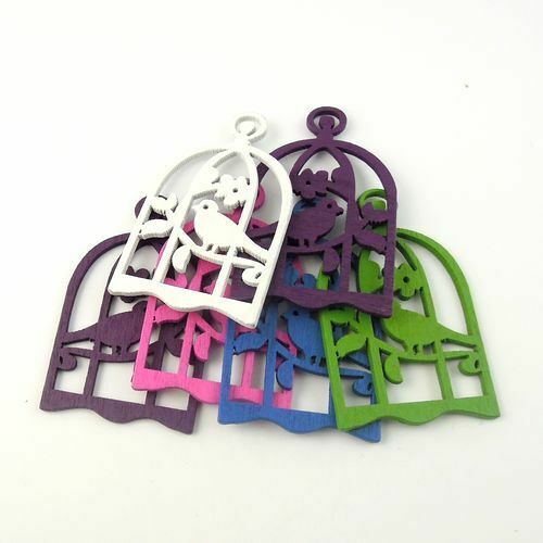 Lot of (x25) Mixed Color Wooden Bird Cage Craft Pendant Charm 55x34x2mm
