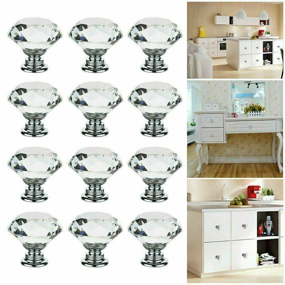 12Pcs Clear Crystal Diamond Glass Door Knobs Cupboard Drawer Handle Cabinet Knob