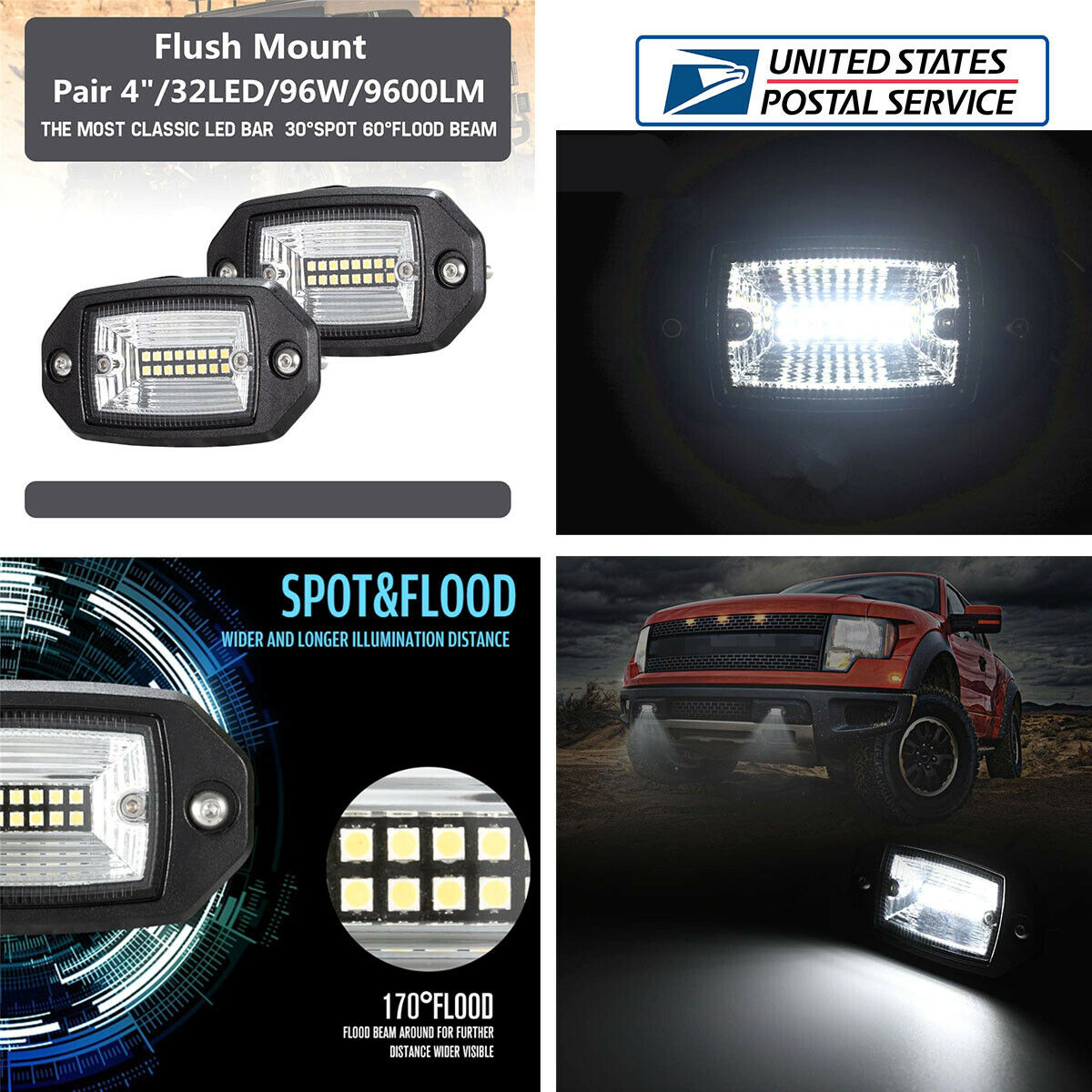 96W 9600LM 4'' Recessed Installation Floodlight Driving Off-road LED Light Bar