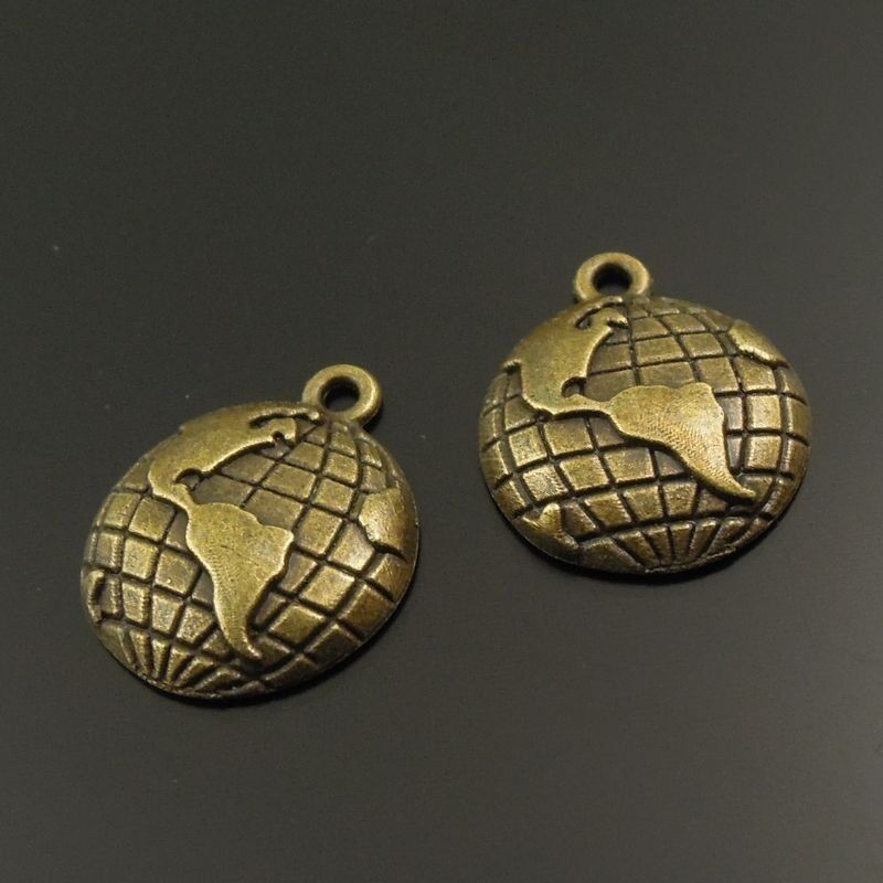 40 pcs Antiqued Bronze Globe Charm Alloy Map Pendant Dangle Handicraft 15*15*4mm