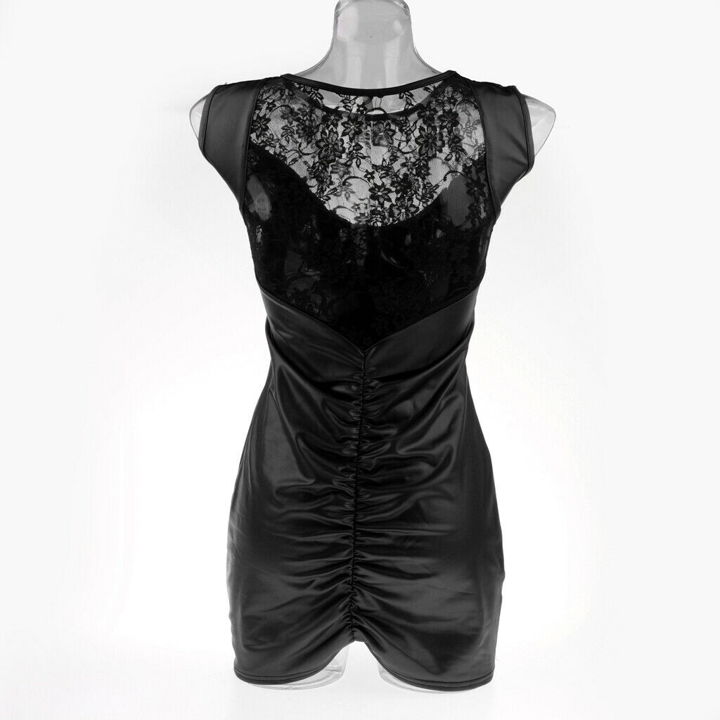 Women Bodycon Sexy Lace Club-wear PU Leather Stitching Dress S Black