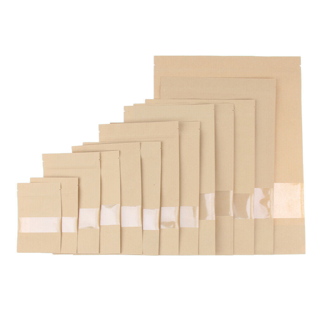 100X Kraft Paper Window Bags Stand up Pouch Dried Food Packaging Bag 9x14cm