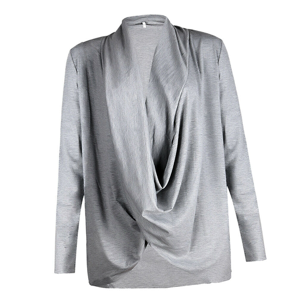 Women Long Sleeve Irregular Pile Collar Loose Pullover Shirt Gray M