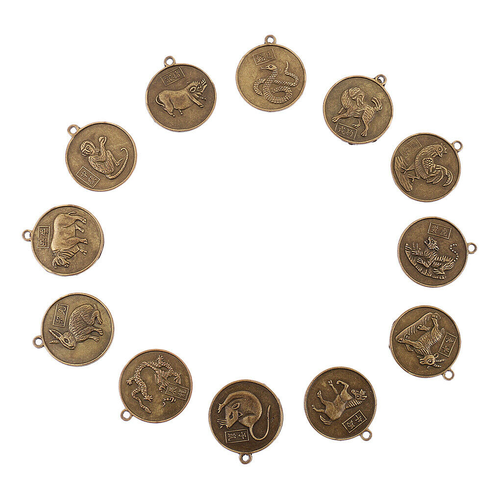 2X 12pcs/set Chinese Zodiac Signs Animals Coin Pendant Feng Shui Amulet Charms