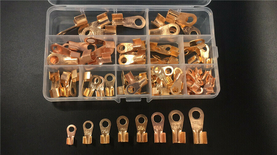 90Pcs Copper Battery Cable Connector Terminal Open Lugs Wire Terminals Boxed Kit