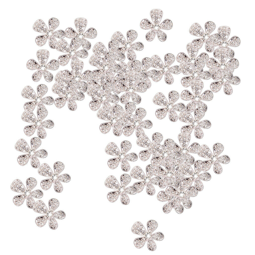50xSilver Crystal Rhinestone Flower DIY Embellishments Flatback Buttons DIY