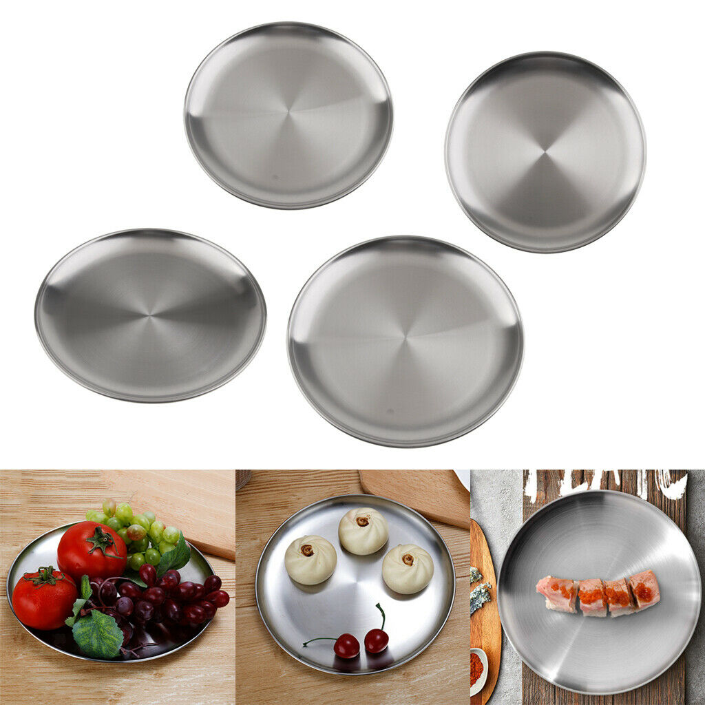 4Pcs Stainless Steel Round  Serving Tray Plate Fruit Food Dessert,