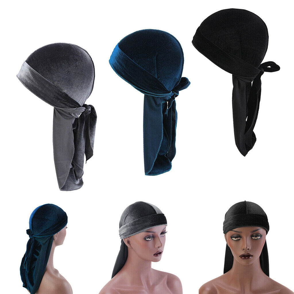 3 Pieces Women Mens Velvet Bandana Hat Durag Long-Tail Headwear Chemo Hat