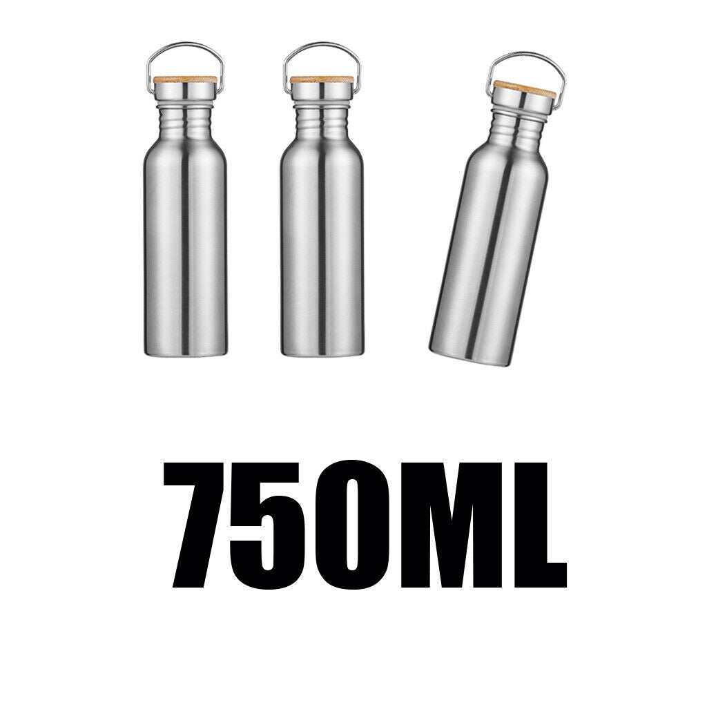 3x Stainless Steel Hikers Water Bottle Jug for Sports Gym Bamboo Lid 750ML
