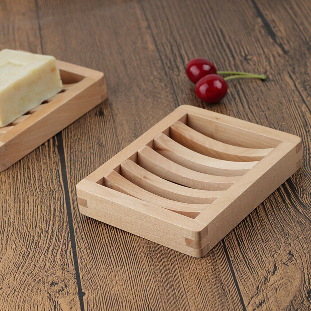 Bamboo Wooden Soap Dish Storage Tray Holder Plate Water Drain Shower Bathroom