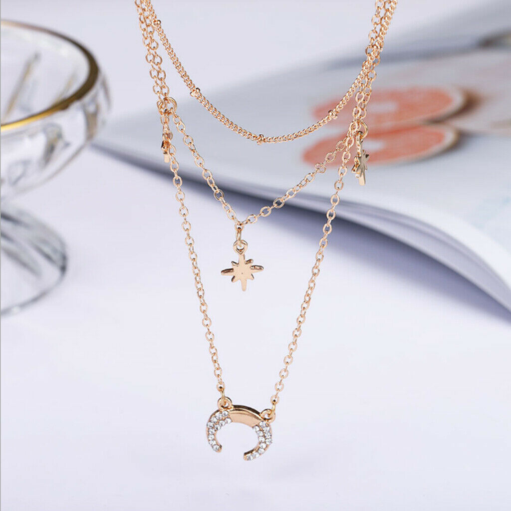 Star Moon Crescent Drop Charm Pendant Necklace Long Chain Boho Jewelry