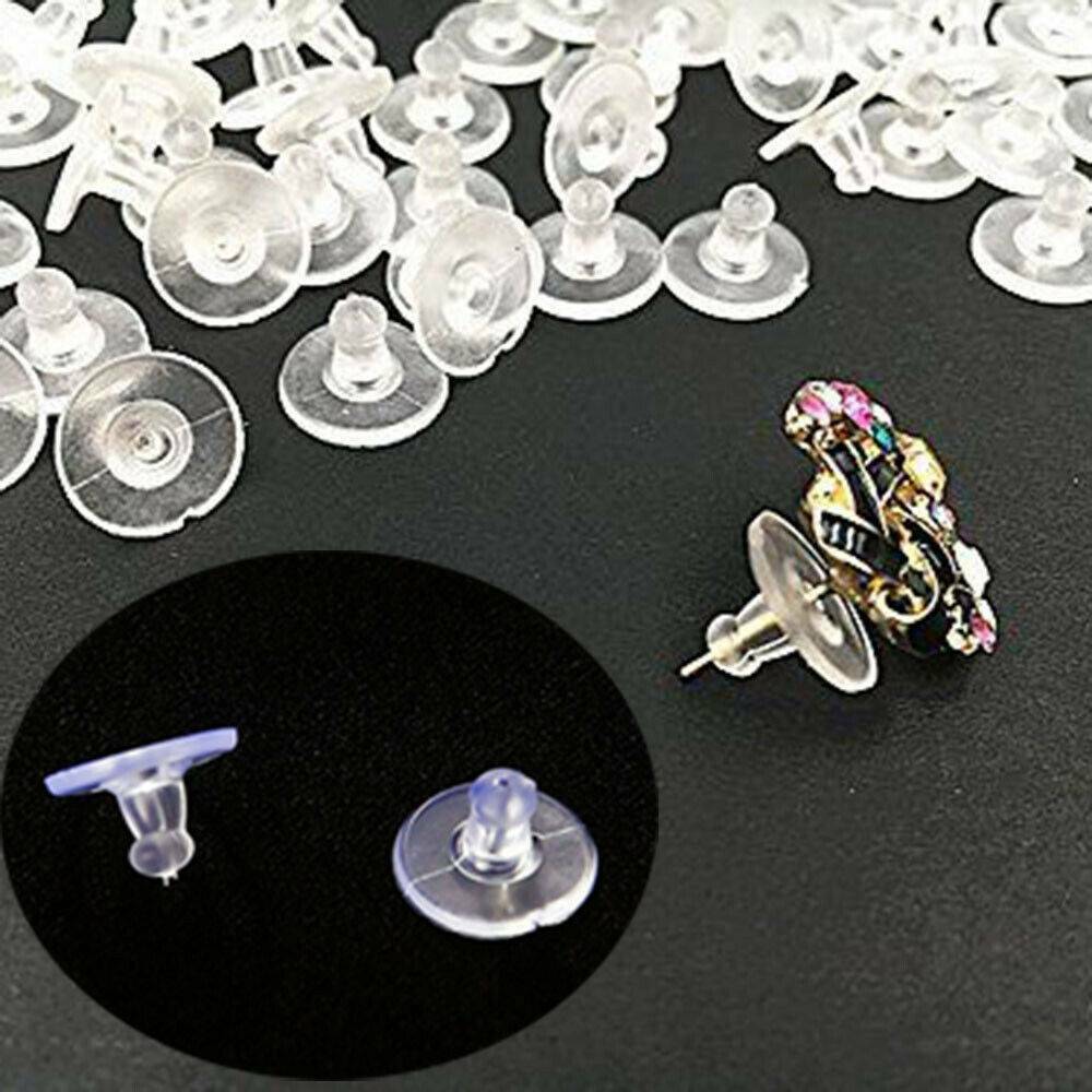 100X Silicone Earring Backs 11mm Clear Soft Rubber Ear Stud Blocked Stoppers ~