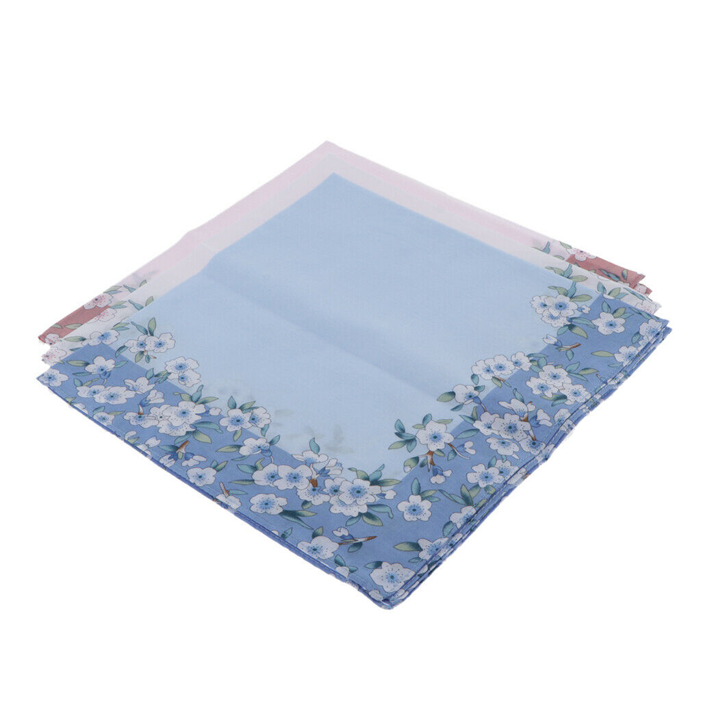 3pcs Women Cotton Handkerchiefs Flower Floral Hanky Kerchiefs Ladies Hankie