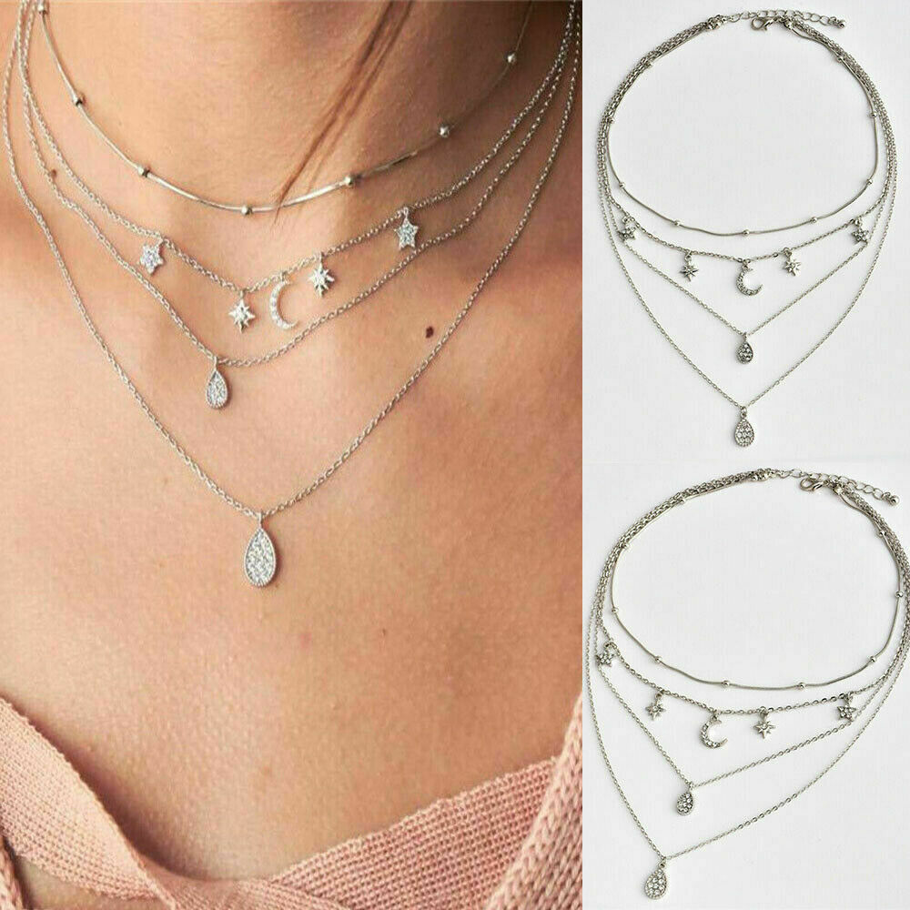 Women Multilayer Choker Pendant Necklace Crystal Star Moon Chain Jewelry Gift