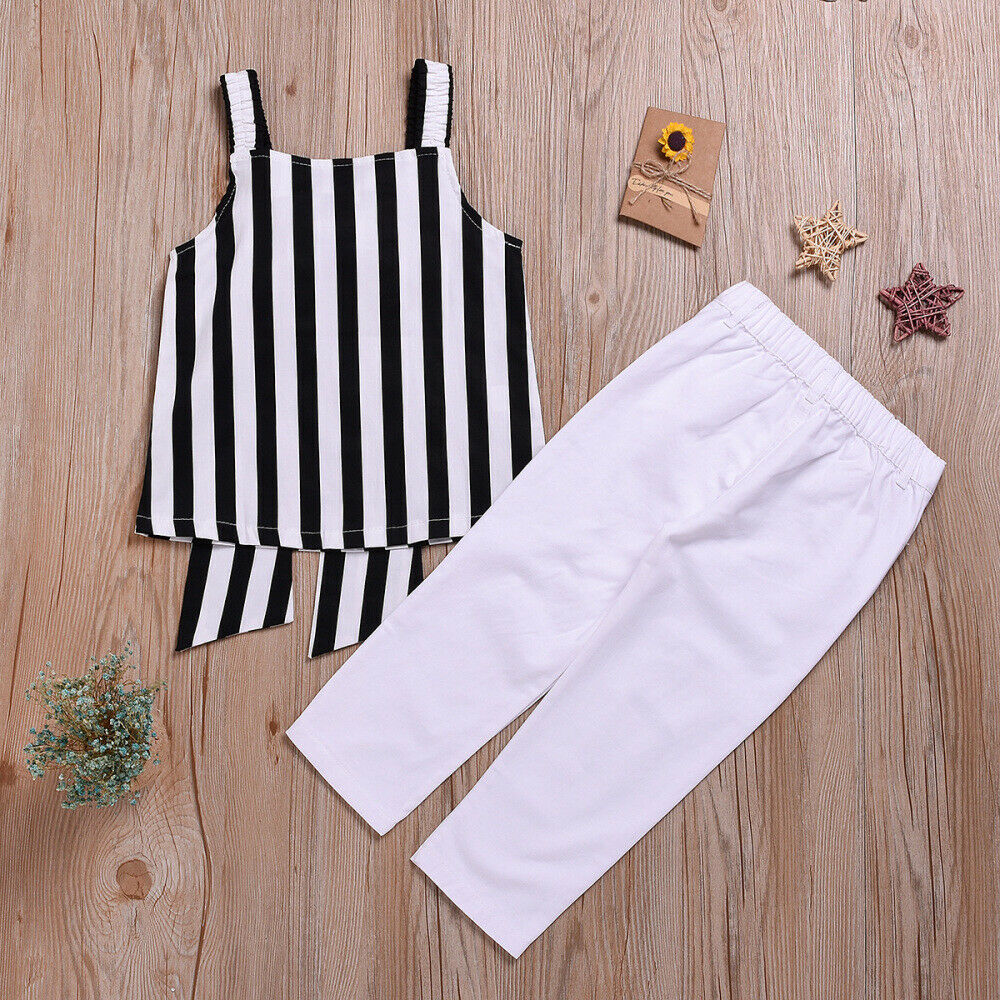 Kids Girls Little Vertical Stripes Print Big Bowknot Tank Top+ Pants Trousers