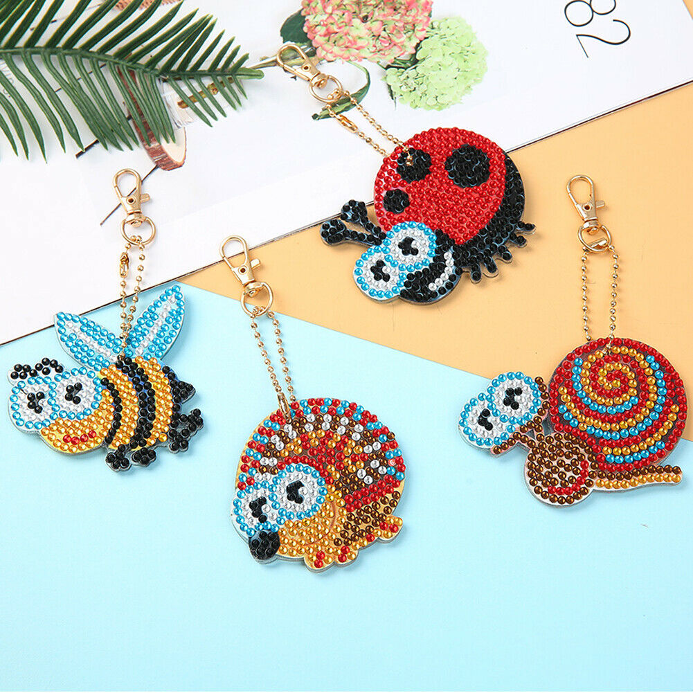 4pcs Art Insect Keychain DIY Full Special Shaped Drill Diamond Painting Kit @