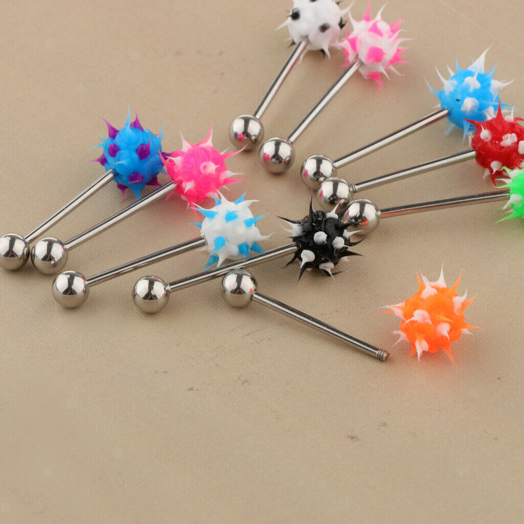 10Pcs Lip Tongue Bar Ring Straight Barbell Stainless Steel Silicone Ball 14G