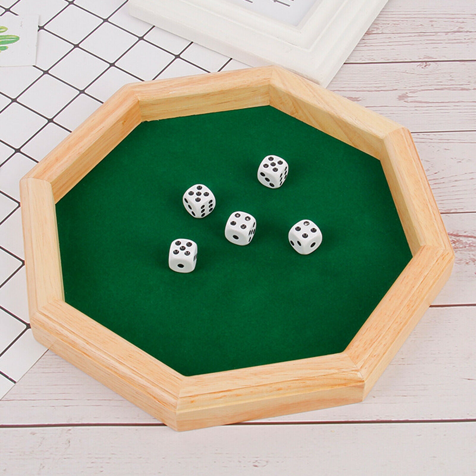 12"Octagonal, Felt-Lined, Wooden Dice Tray - Natural Wood Finish - with 6-Sided